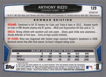 2013 Bowman Chrome - Green Refractors #129 Anthony Rizzo Back