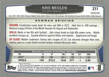 2013 Bowman Chrome - Green Refractors #211 Kris Medlen Back