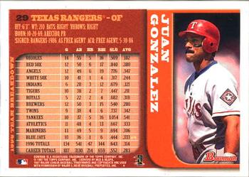 1997 Bowman #29 Juan Gonzalez Back