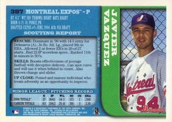 1997 Bowman #387 Javier Vazquez Back