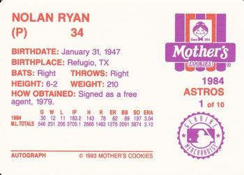 1993 Mother's Cookies Nolan Ryan Farewell #1 Nolan Ryan Back