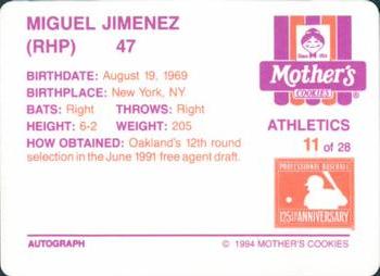 1994 Mother's Cookies Oakland Athletics #11 Miguel Jimenez Back
