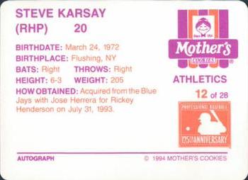 1994 Mother's Cookies Oakland Athletics #12 Steve Karsay Back