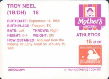 1994 Mother's Cookies Oakland Athletics #15 Troy Neel Back
