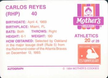 1994 Mother's Cookies Oakland Athletics #20 Carlos Reyes Back