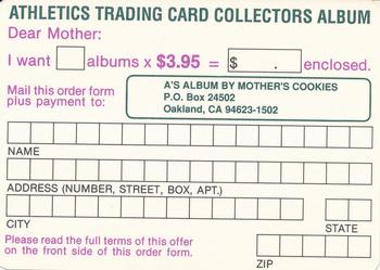 1994 Mother's Cookies Oakland Athletics #NNO Collectors Album Offer Back