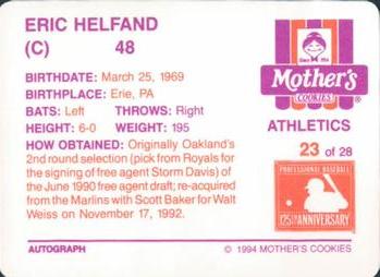 1994 Mother's Cookies Oakland Athletics #23 Eric Helfand Back