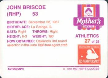 1994 Mother's Cookies Oakland Athletics #27 John Briscoe Back