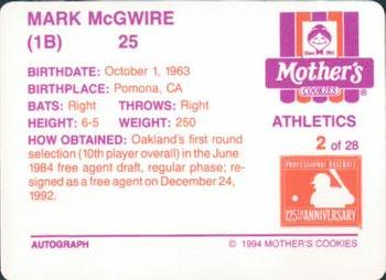 1994 Mother's Cookies Oakland Athletics #2 Mark McGwire Back