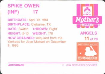 1994 Mother's Cookies California Angels #11 Spike Owen Back