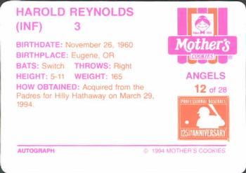 1994 Mother's Cookies California Angels #12 Harold Reynolds Back