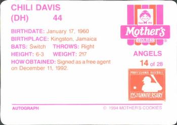 1994 Mother's Cookies California Angels #14 Chili Davis Back