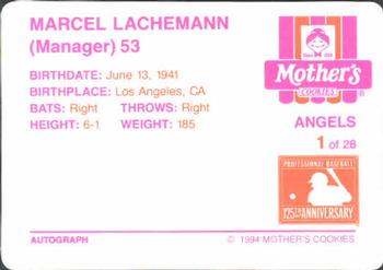 1994 Mother's Cookies California Angels #1 Marcel Lachemann Back