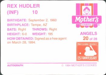 1994 Mother's Cookies California Angels #20 Rex Hudler Back