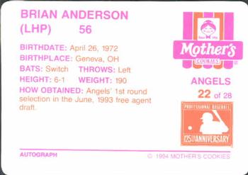 1994 Mother's Cookies California Angels #22 Brian Anderson Back