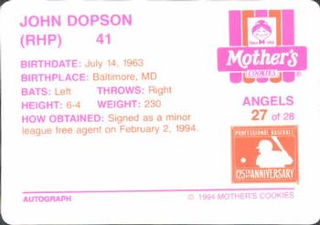 1994 Mother's Cookies California Angels #27 John Dopson Back