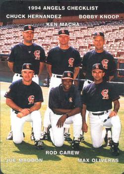 1994 Mother's Cookies California Angels #28 Coaches & Checklist (Chuck Hernandez / Ken Macha / Bobby Knoop / Joe Maddon / Rod Carew / Max Oliveras) Front