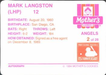 1994 Mother's Cookies California Angels #2 Mark Langston Back