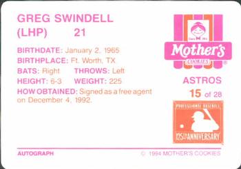 1994 Mother's Cookies Houston Astros #15 Greg Swindell Back