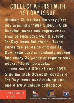 1994 Stadium Club - Info Cards #1 1st Day Issue Back
