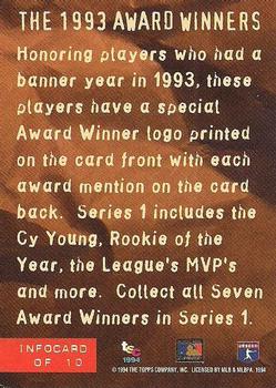 1994 Stadium Club - Info Cards #NNO 1993 Award Winners Back