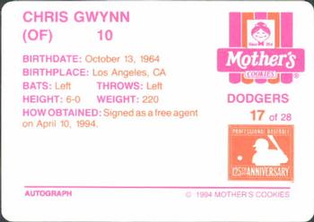 1994 Mother's Cookies Los Angeles Dodgers #17 Chris Gwynn Back
