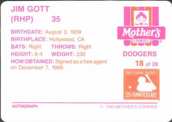 1994 Mother's Cookies Los Angeles Dodgers #18 Jim Gott Back