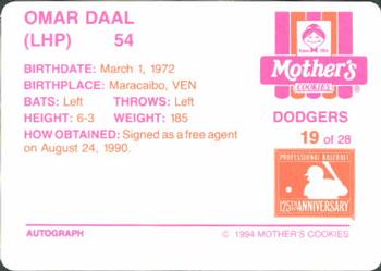 1994 Mother's Cookies Los Angeles Dodgers #19 Omar Daal Back