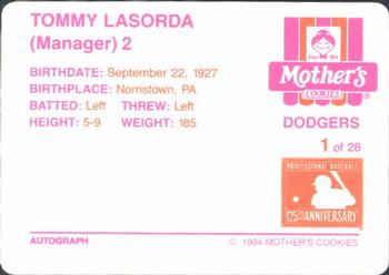 1994 Mother's Cookies Los Angeles Dodgers #1 Tommy Lasorda Back