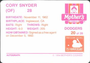 1994 Mother's Cookies Los Angeles Dodgers #20 Cory Snyder Back