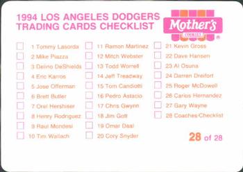 1994 Mother's Cookies Los Angeles Dodgers #28 Coaches & Checklist (Ron Perranoski / Joe Amalfitano / Reggie Smith / Joe Ferguson / Bill Russell / Mark Cresse) Back