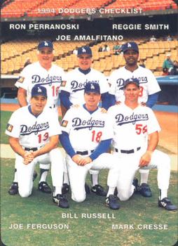 1994 Mother's Cookies Los Angeles Dodgers #28 Coaches & Checklist (Ron Perranoski / Joe Amalfitano / Reggie Smith / Joe Ferguson / Bill Russell / Mark Cresse) Front