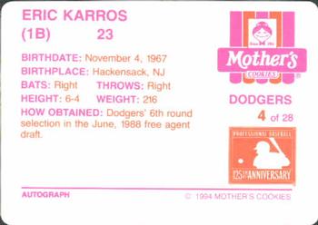1994 Mother's Cookies Los Angeles Dodgers #4 Eric Karros Back