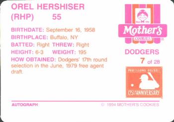 1994 Mother's Cookies Los Angeles Dodgers #7 Orel Hershiser Back