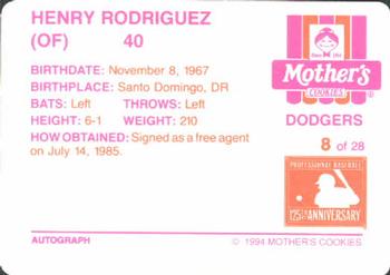 1994 Mother's Cookies Los Angeles Dodgers #8 Henry Rodriguez Back