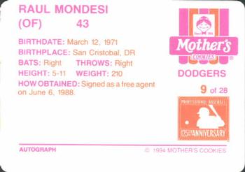 1994 Mother's Cookies Los Angeles Dodgers #9 Raul Mondesi Back