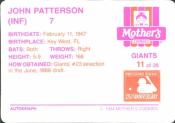1994 Mother's Cookies San Francisco Giants #11 John Patterson Back
