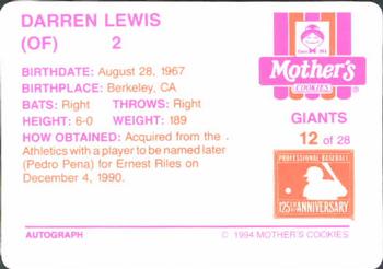1994 Mother's Cookies San Francisco Giants #12 Darren Lewis Back