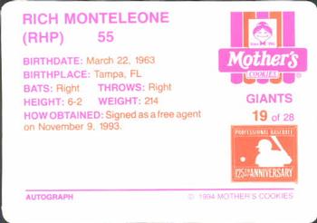 1994 Mother's Cookies San Francisco Giants #19 Rich Monteleone Back