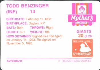 1994 Mother's Cookies San Francisco Giants #20 Todd Benzinger Back