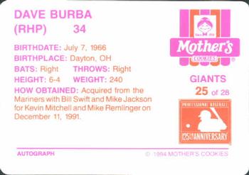 1994 Mother's Cookies San Francisco Giants #25 Dave Burba Back