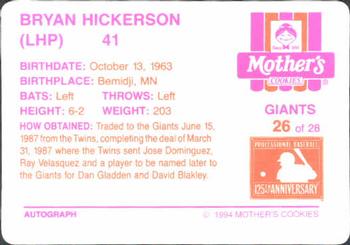 1994 Mother's Cookies San Francisco Giants #26 Bryan Hickerson Back