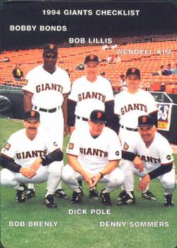 1994 Mother's Cookies San Francisco Giants #28 Coaches/Checklist (Bobby Bonds / Bob Lillis / Wendell Kim / Bob Brenly / Dick Pole / Denny Sommers) Front