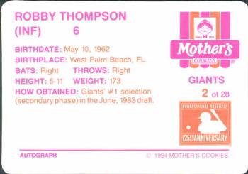 1994 Mother's Cookies San Francisco Giants #2 Robby Thompson Back