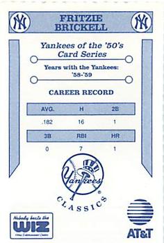 1992 The Wiz New York Yankees of the 50s #NNO Fritzie Brickell Back