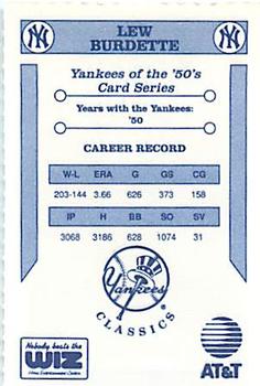 1992 The Wiz New York Yankees of the 50s #NNO Lew Burdette Back