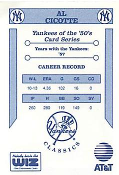 1992 The Wiz New York Yankees of the 50s #NNO Al Cicotte Back