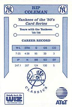 1992 The Wiz New York Yankees of the 50s #NNO Rip Coleman Back