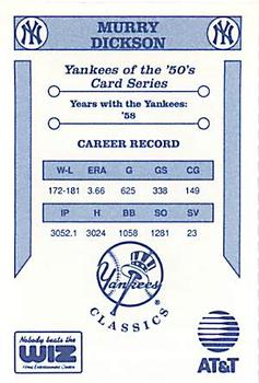 1992 The Wiz New York Yankees of the 50s #NNO Murry Dickson Back