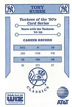 1992 The Wiz New York Yankees of the 50s #NNO Tony Kubek Back
